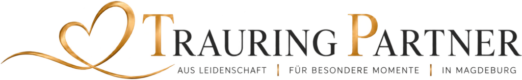 Logo von Trauring Partner Magdeburg mit goldener Herzschleife und Schriftzug Trauring Partner